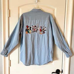 Vintage Looney Toons Warner Bros denim pin stripe long sleeve shirt
